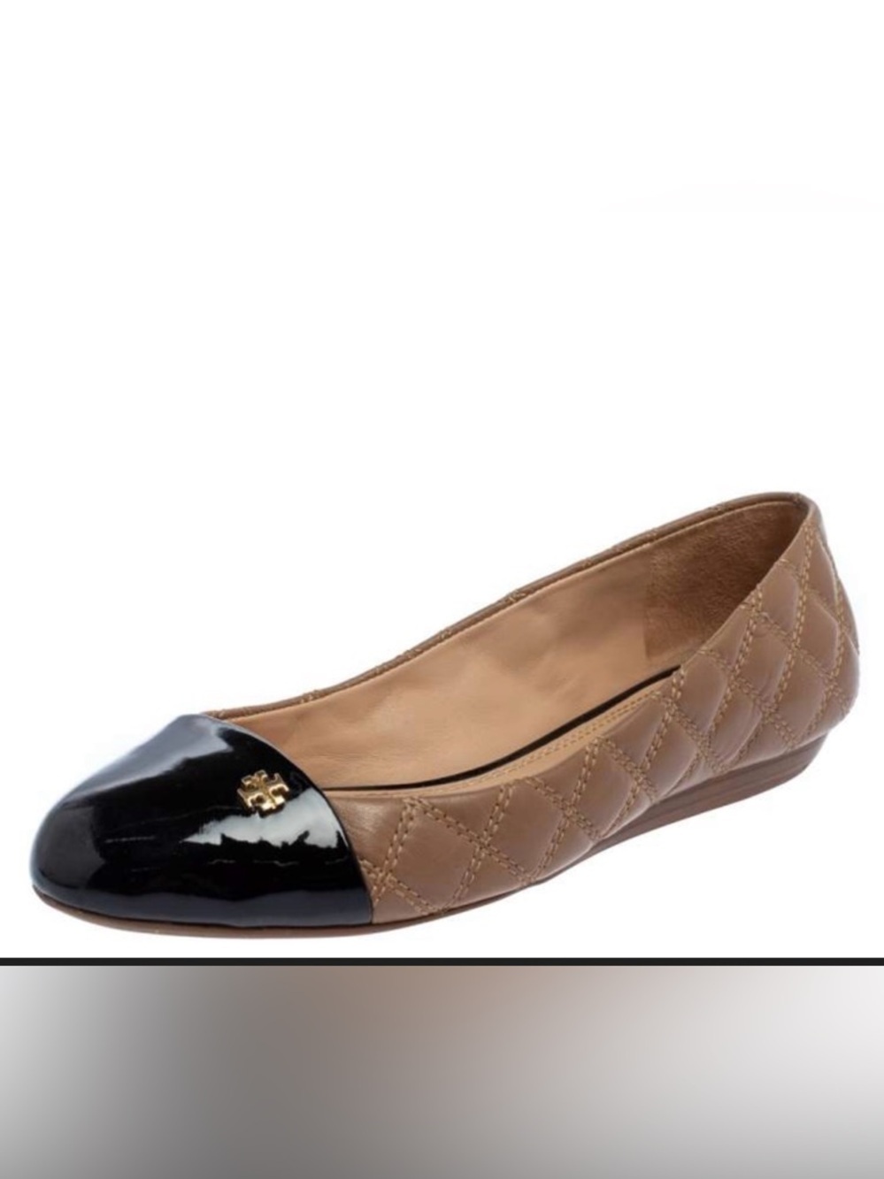 Tory Burch Black and Tan Quilted Flats with Patent Leather Toe Cap 7.5M